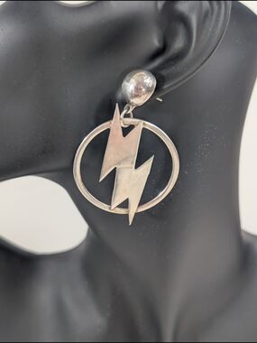 Vintage Taxco Mexico 925 Sterling Silver Lightning Bolt Hoop Earrings
